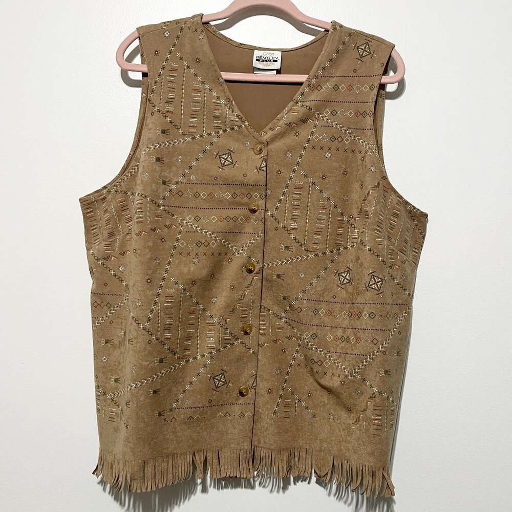 Womens Southwestern Fringe Vest 1X Tan Western Ranch Rodeo Cowgirl Folk Indie